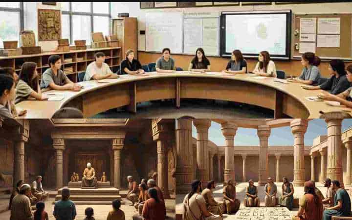 Learning technology in modern classroom and ancient temple setting for educational comparison.