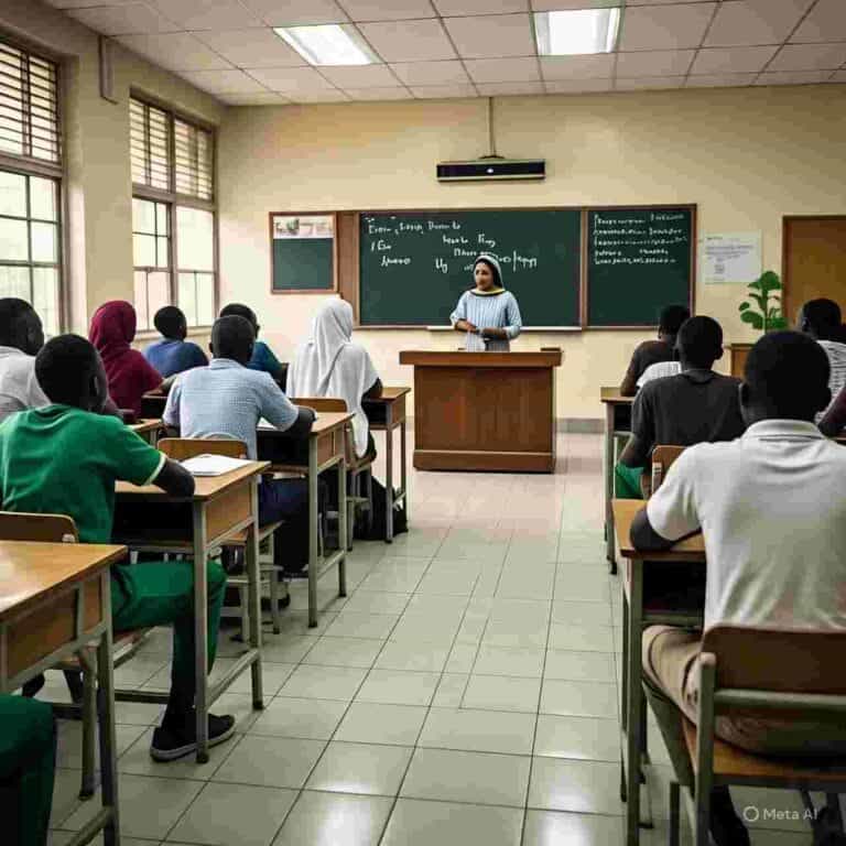 Teaching technology in a classroom setting with students and a female instructor at the blackboard.